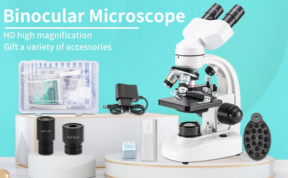 Compound Binocular Microscope WF10X and WF25X Eyepieces 40X-2000X Magnification LED Illumination two-layer Mechanical stage