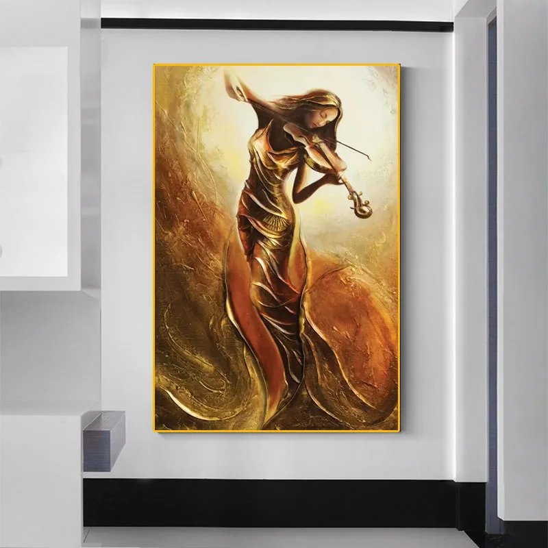 Retro Girl Playing The Violin Dance Oil Painting On Canvas Print Nordic Poster Wall Art Picture For Living Room Home Decoration