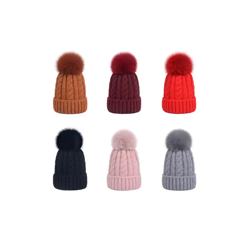 Factory Manufacturer Custom Logo Detachable Fur Pom Thick Warm Knitted Wool Blending Beanie Winter Hats