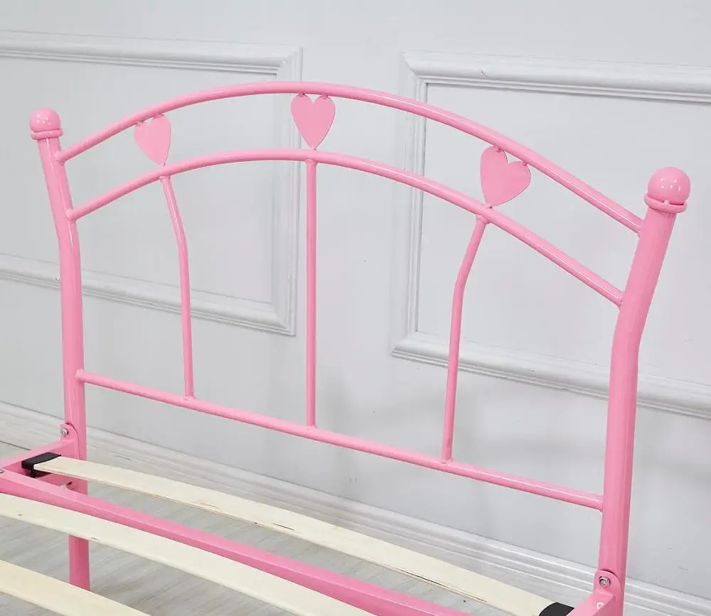 Home Bedroom Girls Twin Metal Bed with Pink Heart Motifs