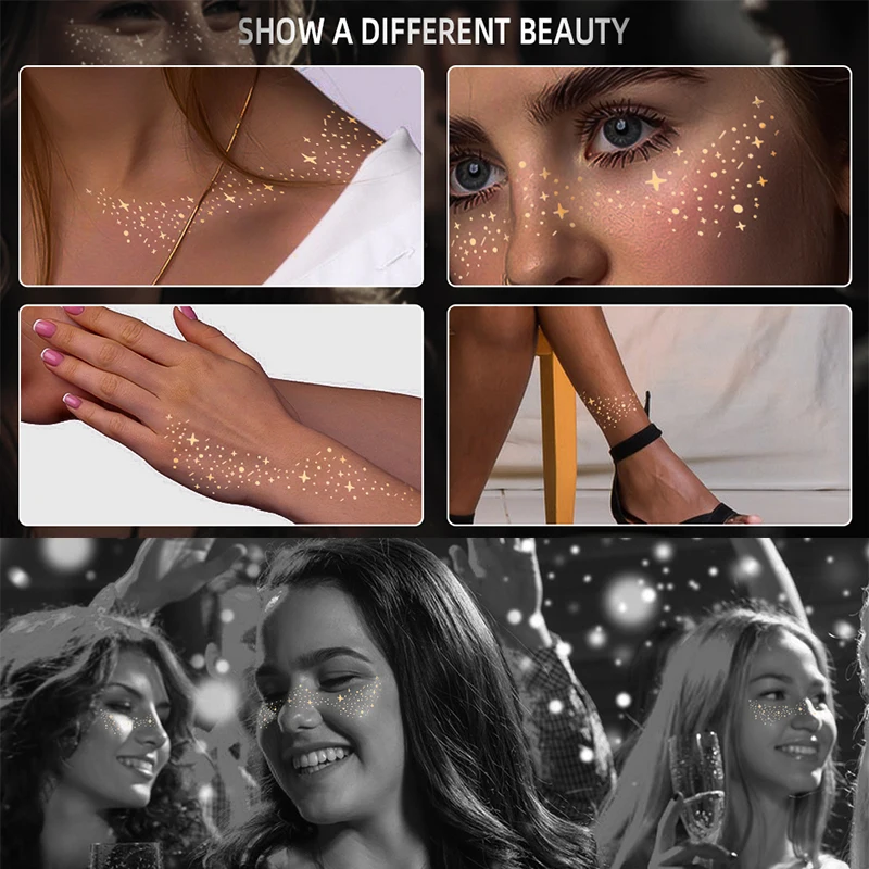 Custom Temporary Waterproof Tatoo Women Gold Silver Foil Metallic Foil Glitter Sticker Fake Freckles Face Tattoo