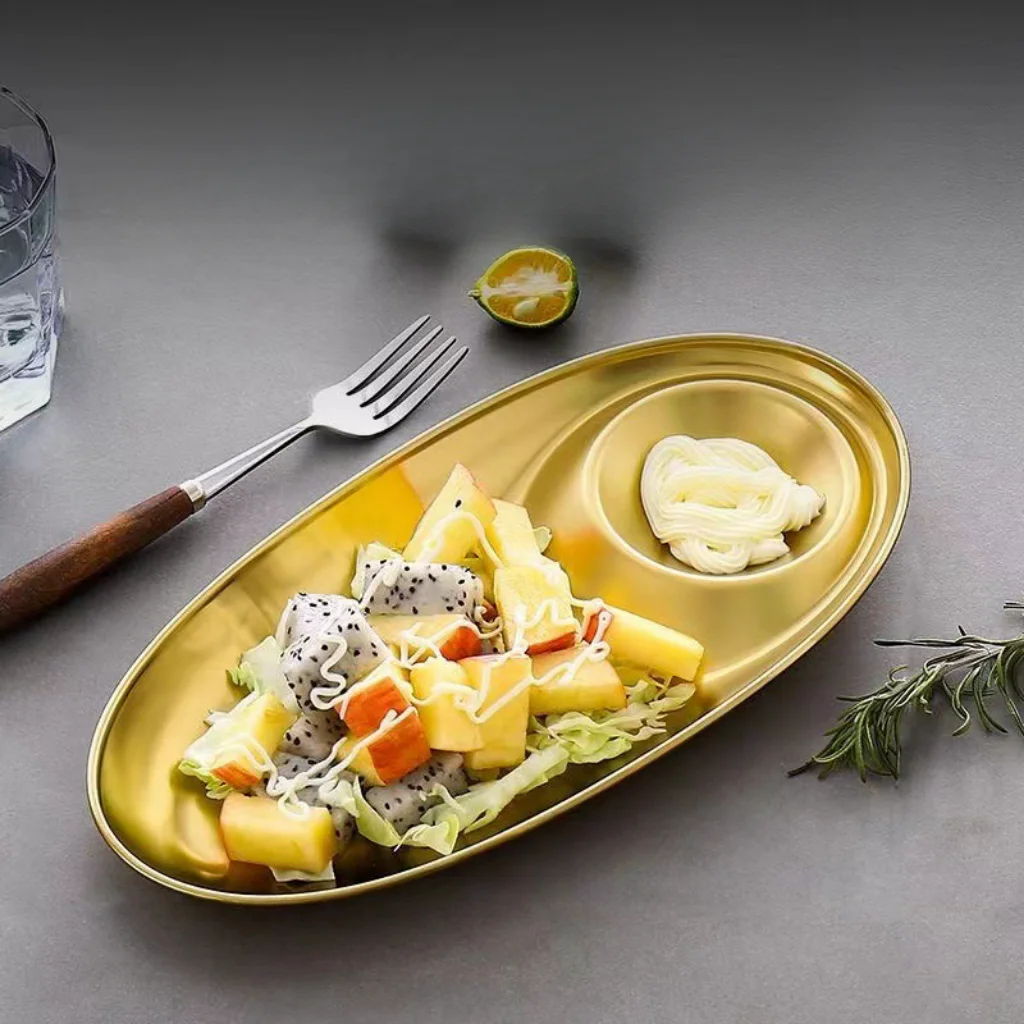 Korean Style Metal Golden Pastry Dishes 304 Stainless Steel Plate Dipping Sauce Tray with Seasoning Grid