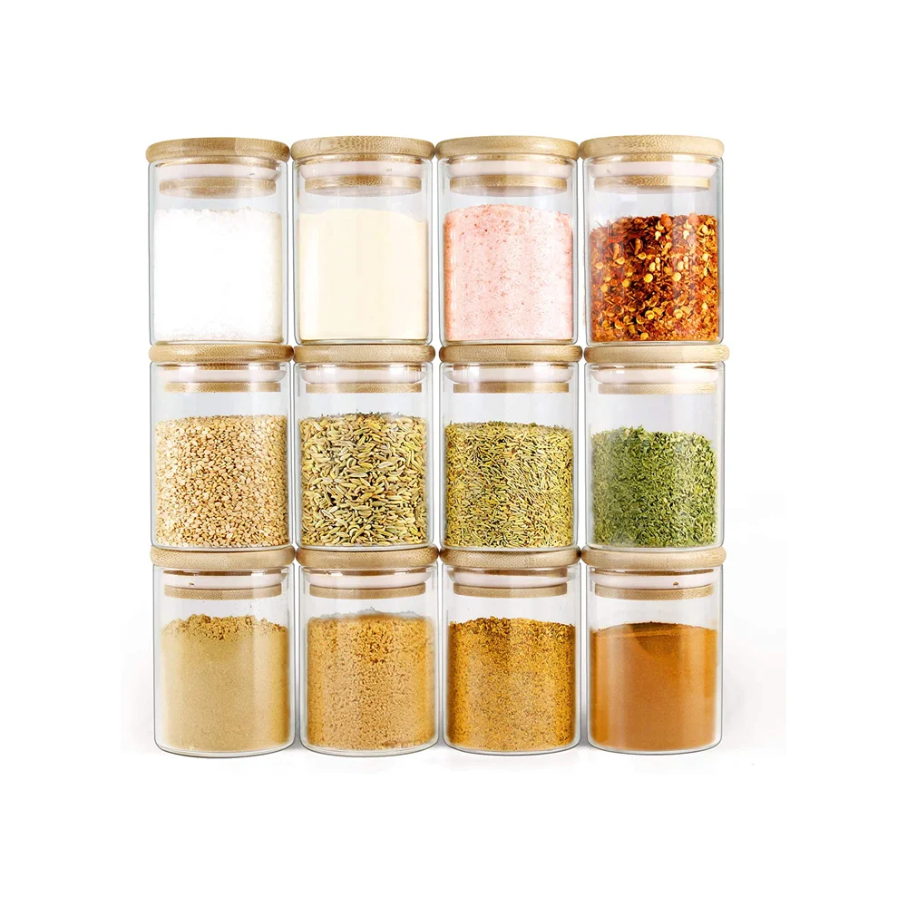 Wholesale Spice Bottles Glass Jar With Bamboo Wood Lid Set And Labels Glass Honey Cream Jar Glass Spice Jar With Bamboo Lid