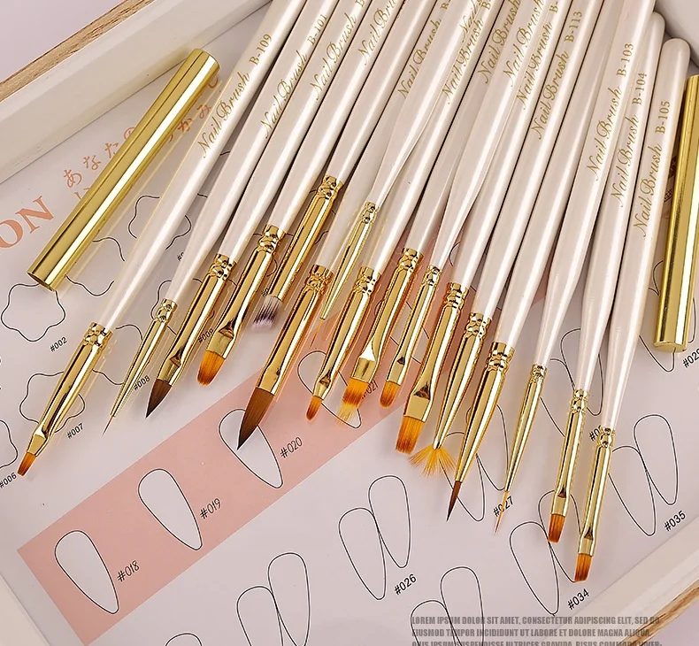 16PCS pearly luster wood handle soft nylon hair drawing painting pen white Nail art brush Set for Manicure Tools