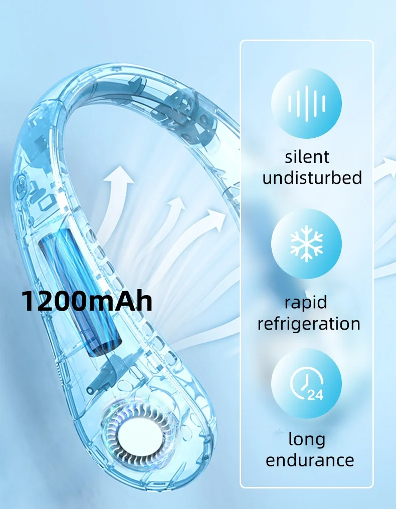 1200mAh Leafless hanging neck fan portable mini silent outdoor sports rechargeable small fan