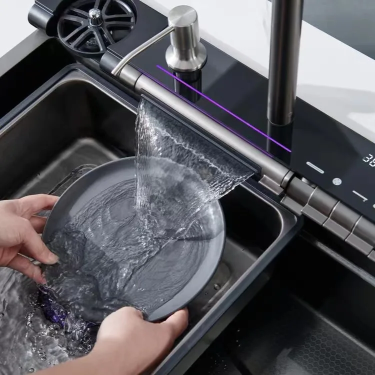 LED Digital Display Rainfall Kit Pia De Cozinha Inox Kitchen Sink Piano Key Nano Modern Smart Double Waterfall Kitchen Sink