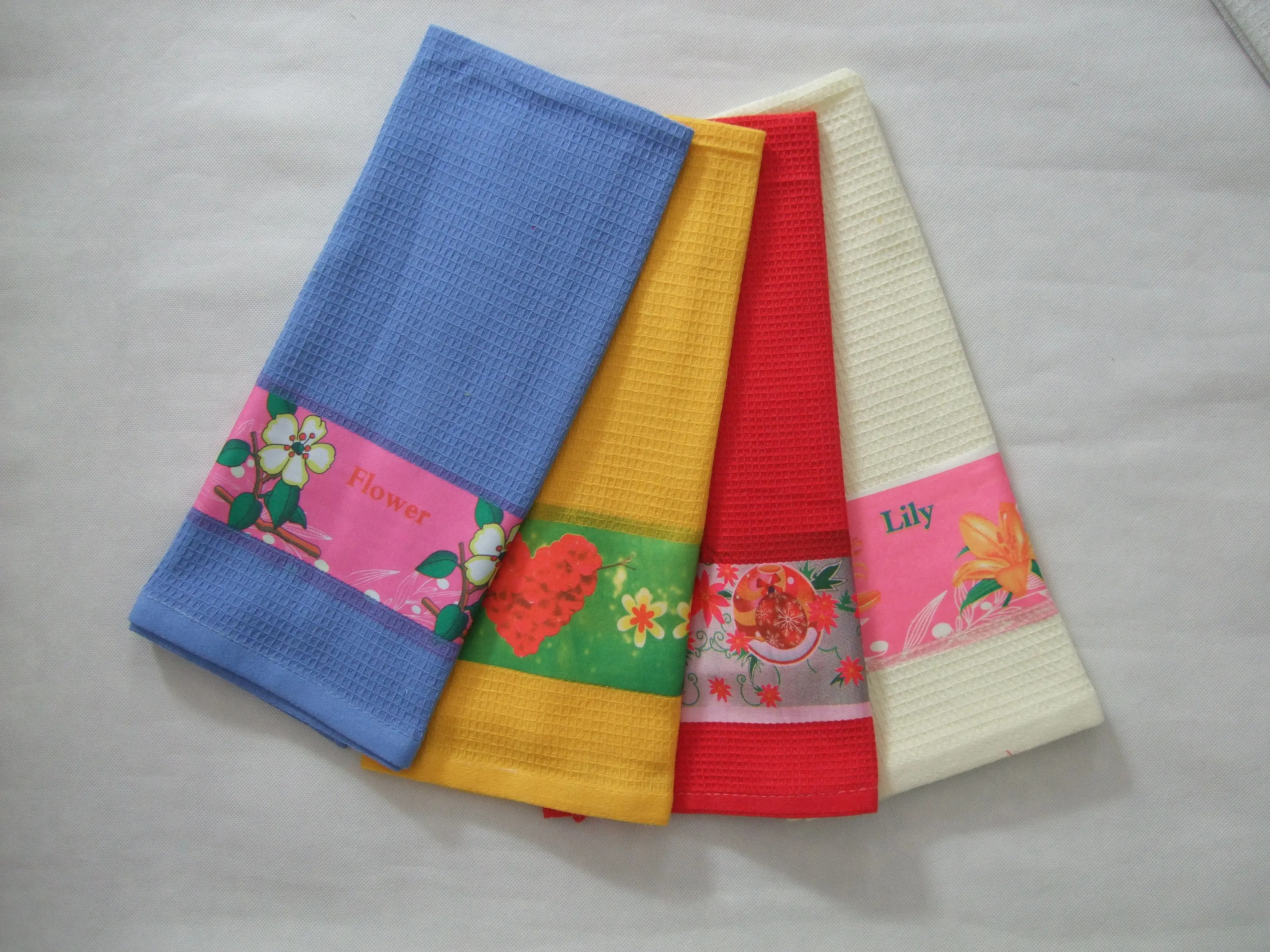 
yarn dye waffle weaving kitchen tea towel with embroidery 