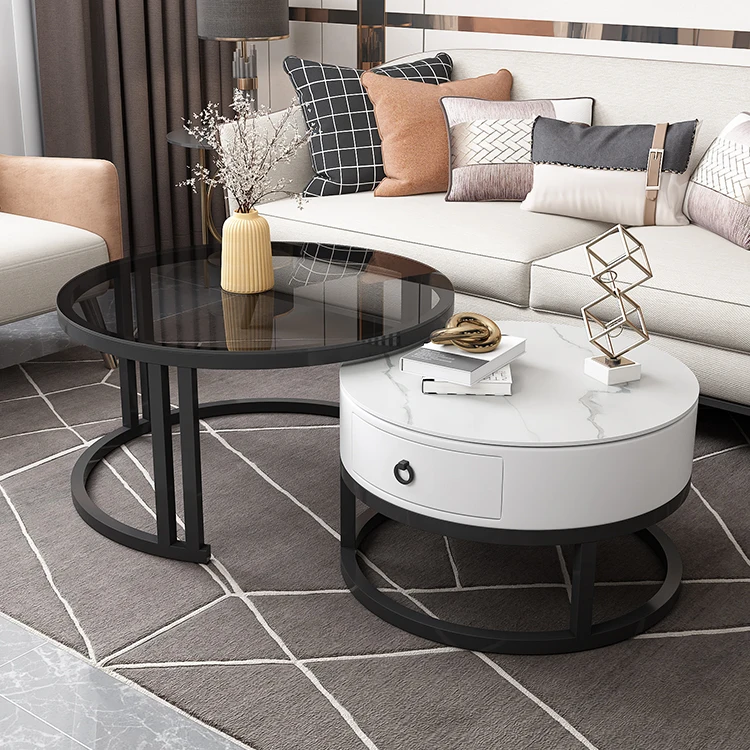 Wholesale Modern Luxury Round Glass Stone Metal Center Coffee Tables Coffee Table Sets With Drawer