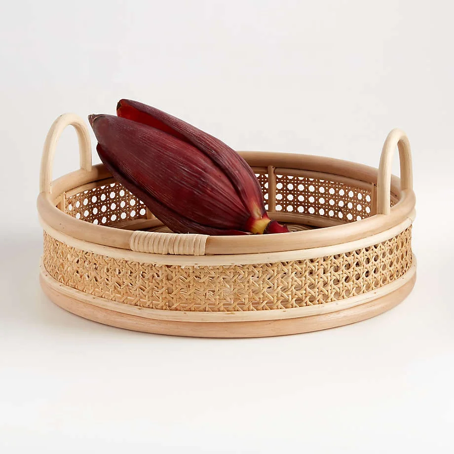 Hand Woven Serving Basket with Cut - Out Handles Round Serving Tray