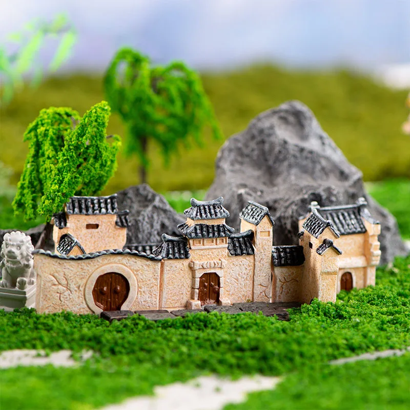 Mini House Moss Terrarium Resin Craft Ornament Yard Chinese Fengshui Miniatures Zen Garden Statue