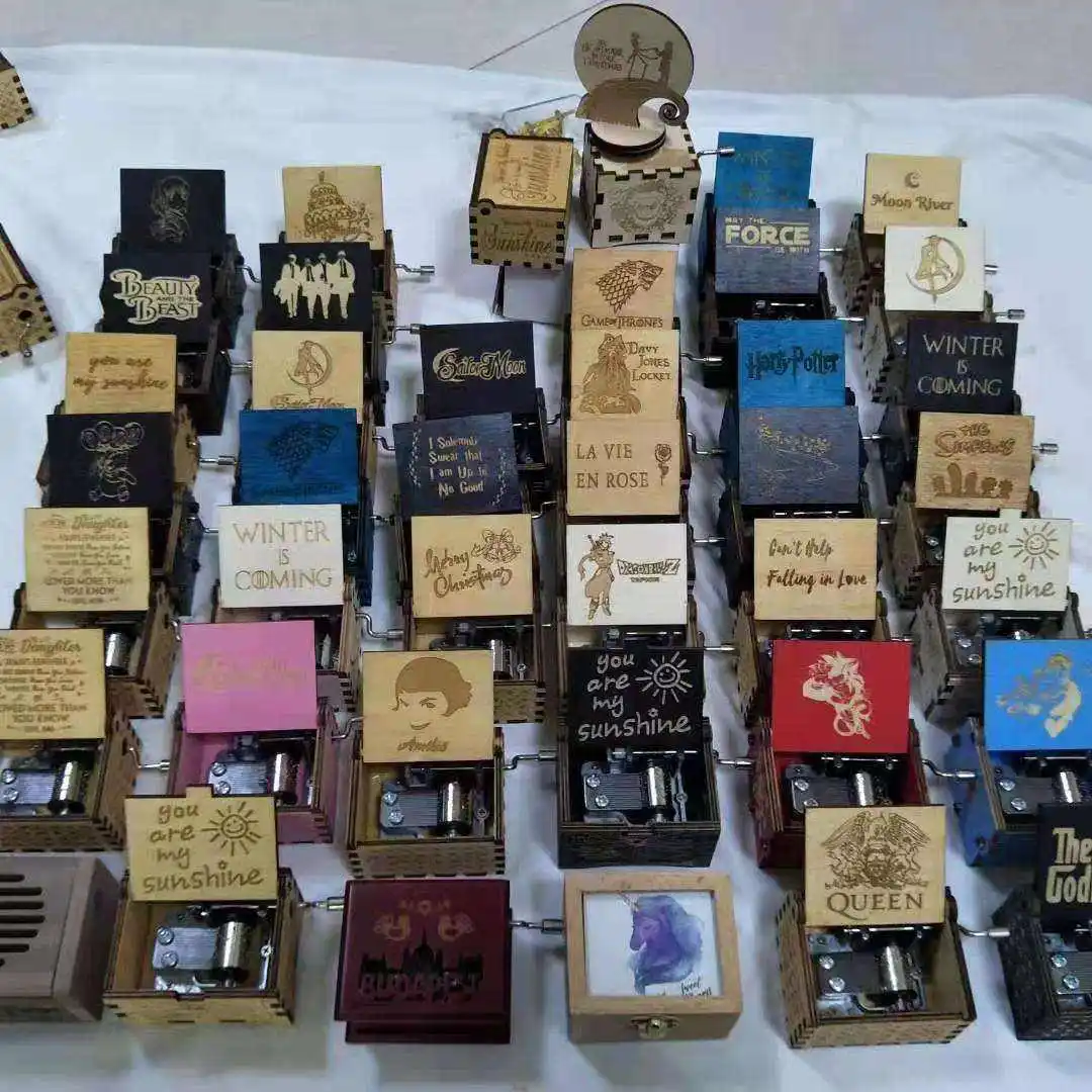 Wholesale Multiple Designs Melody Hand Crank Music Box Laser Engraved Anime Sailor Moon Demon Slayer Wooden Music Box For Gift