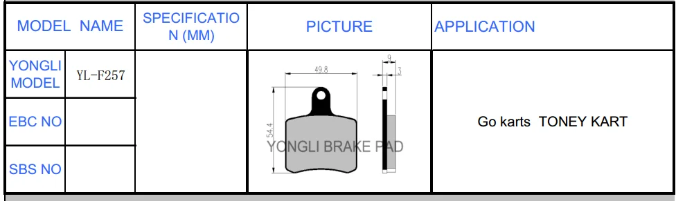 YL-F257 high quality  GO KART brake pads motorcycle brake pad for TONEY KART