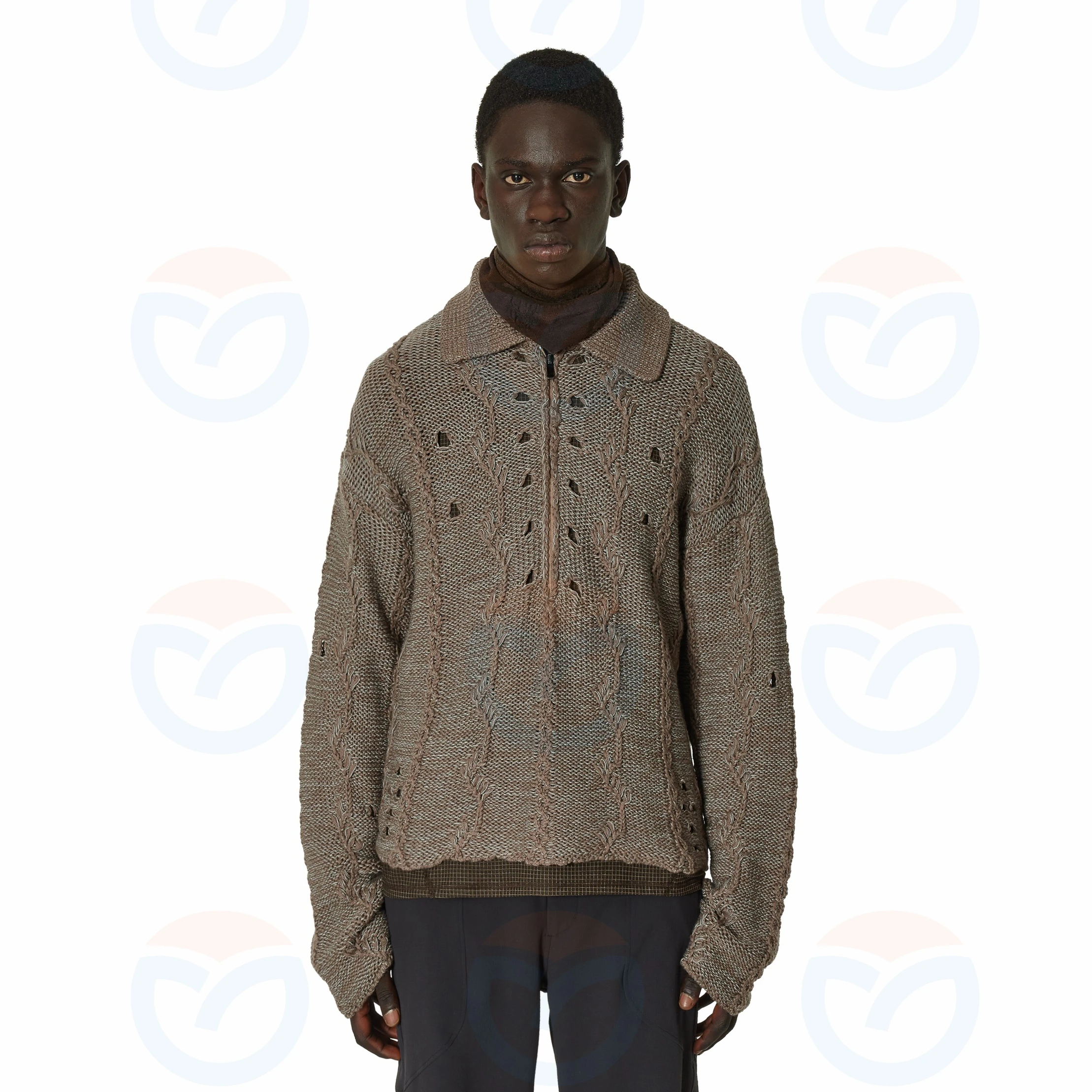 Custom ODM/OEM logo wool distressed knitwear cotton casual Hollow out holes pullover turn-down collar Half zip sweater for men
