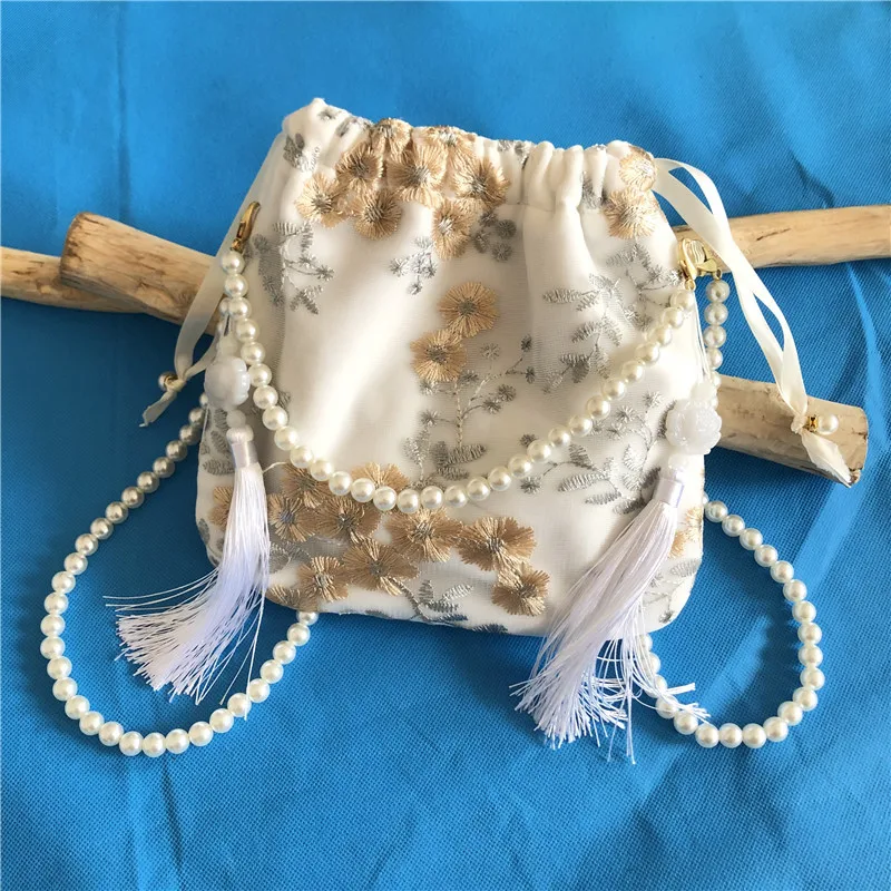 2021 Women Cell Phone Pearl Chain Net Yarn Embroidery Elegant Single Shoulder Crossbody Bag