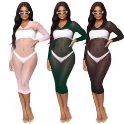 10330-MX61 long sleeve transparent women dress mesh hollow out sehe fashion