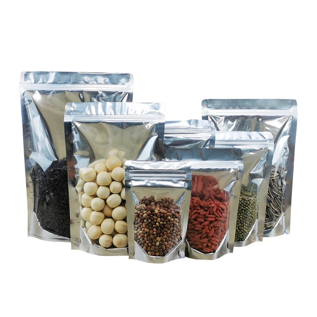 In Stock Transparent Front Silver Back Plastic Packaging Bag For Snack Spice Stand up Pouch Zip Lock Pouch Food Storage Bag