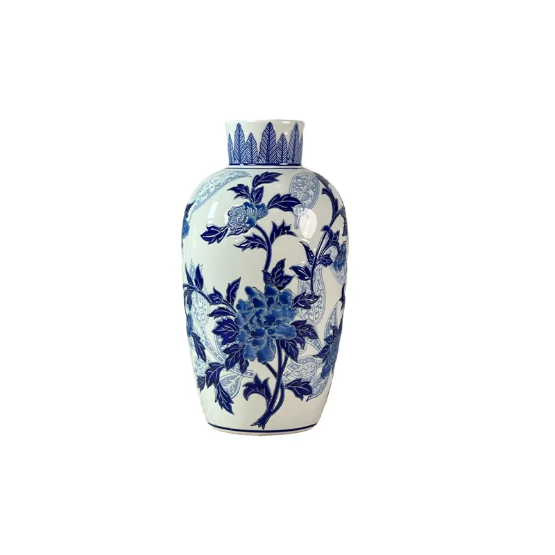 High-Grade Light Luxury Chinese Retro Style Ceramic Vase Blue White Flower Ware Home Use Living Room Dining Table Flower