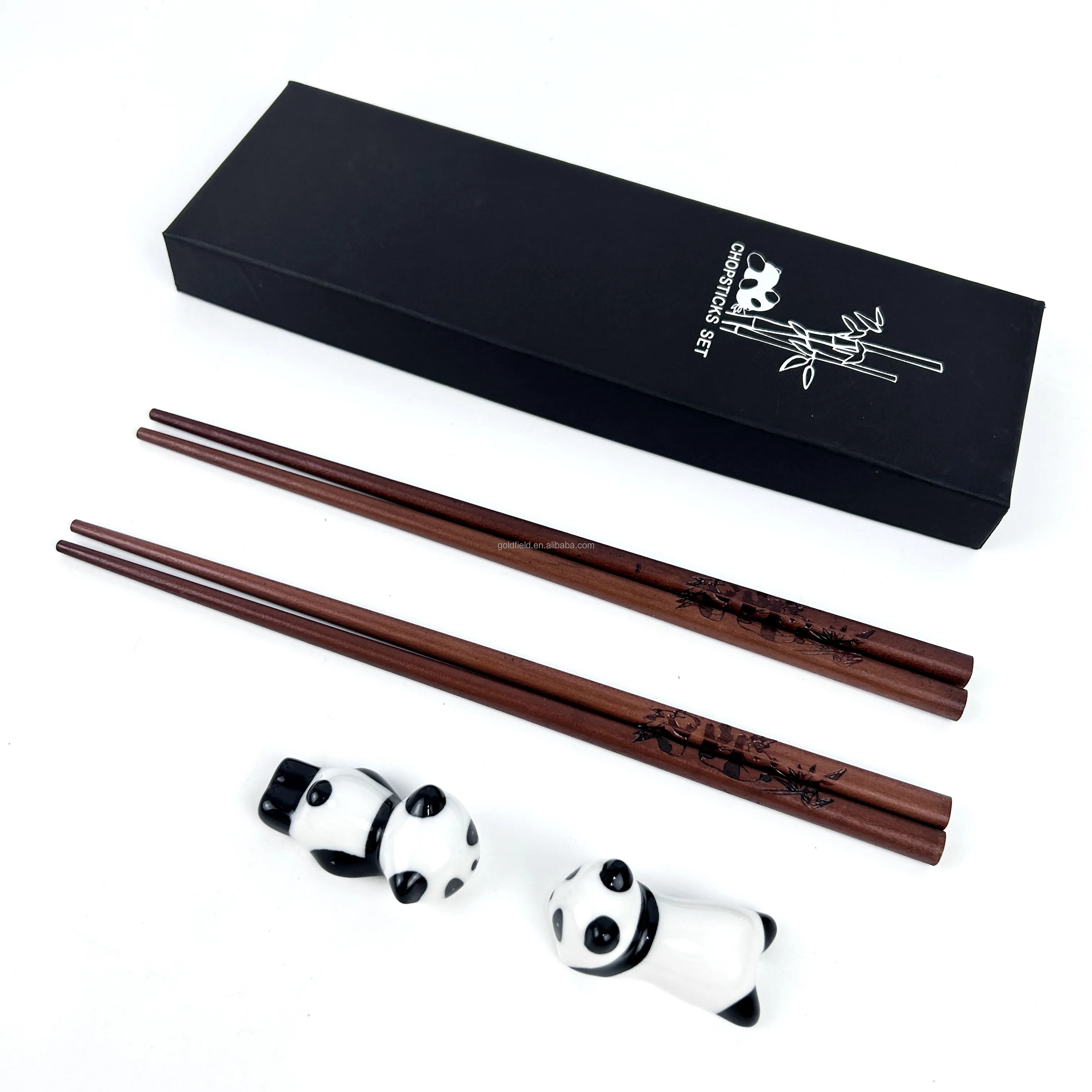 Personalized Engrave Wood Chopstick And Rest for 2 Cute Custom Logo Panda Wooden Chopsticks Gift Set