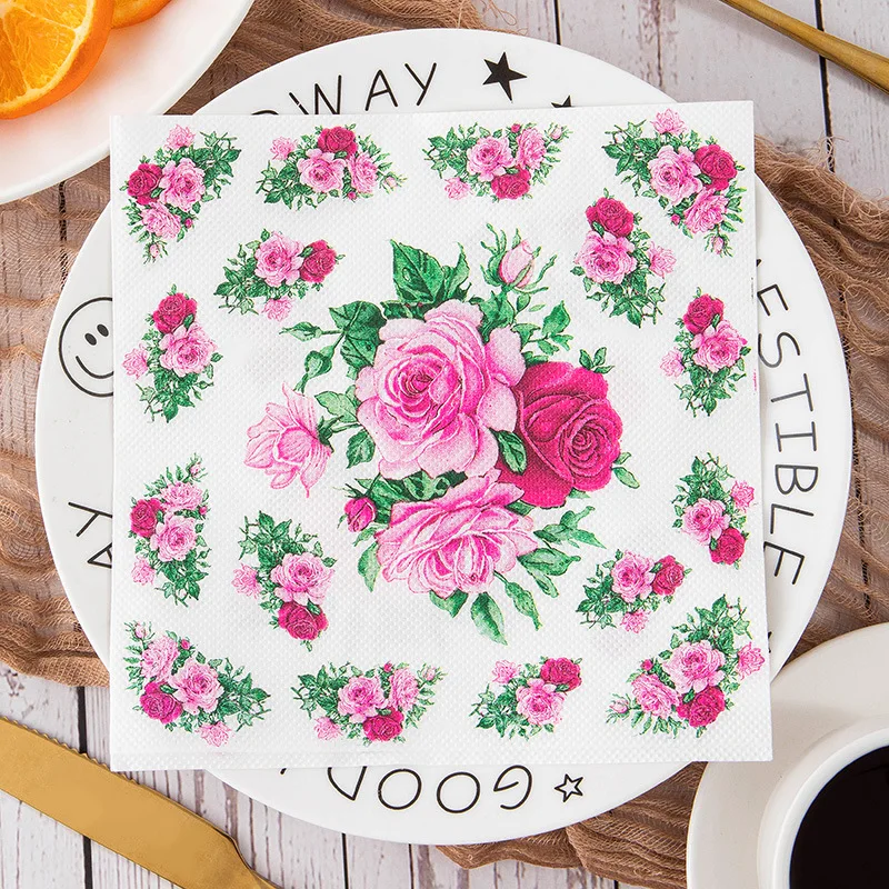 20Pcs/Pack Rose Floral Table Decoupage Paper Napkins Flower Napkin Paper Tissue for Wedding Party Supplies Wholesale