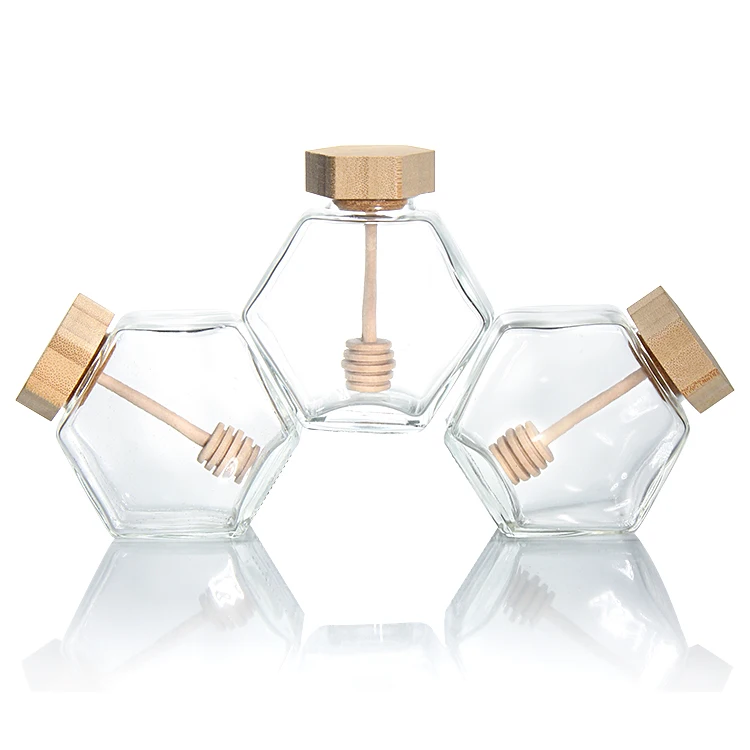 Customized Shape Deep Mouth Candies Glass Hexagon Jar With Bamboo Lids