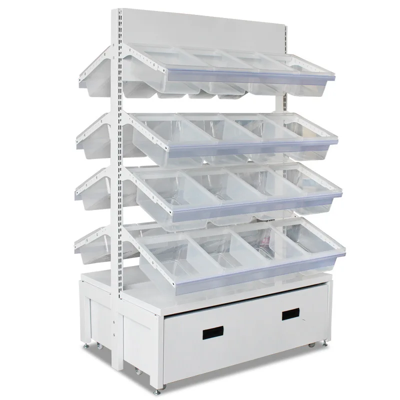 Popular four-layer retail food shelves supermarket equipment candy cookies snacks mobile display racks
