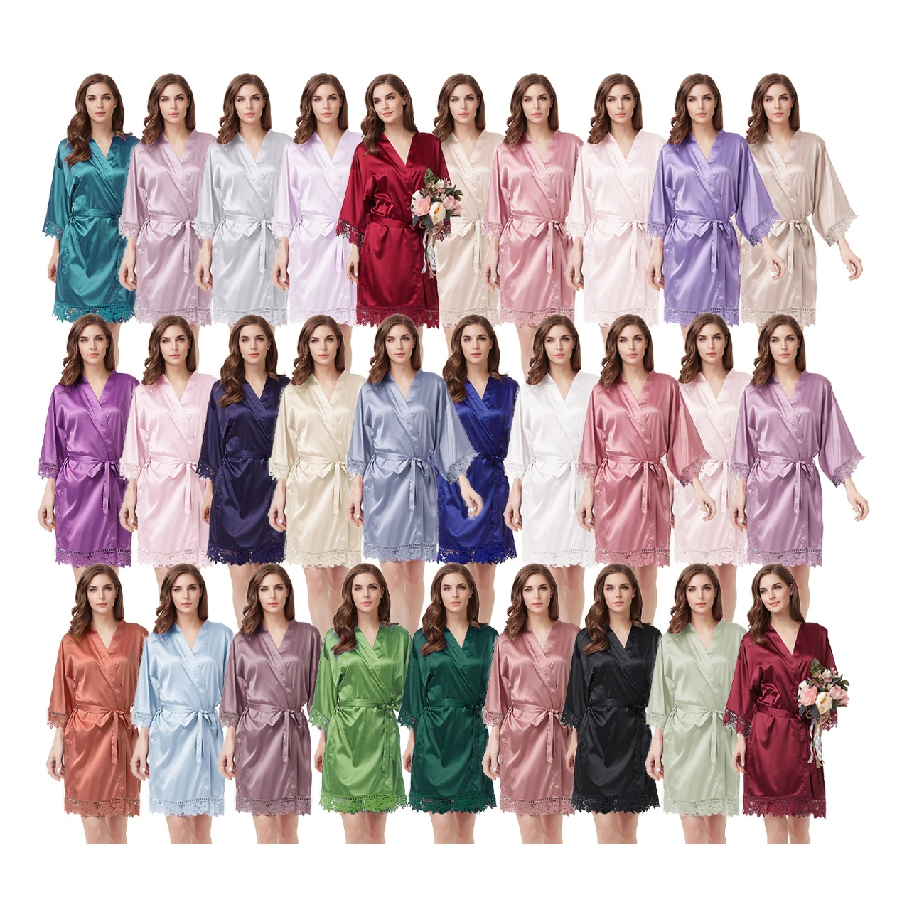 WITHOME01 RTS 29 colors morning robe hot sale bride bridesmaid wedding dressing gown solid color matte satin silk lace nightgown