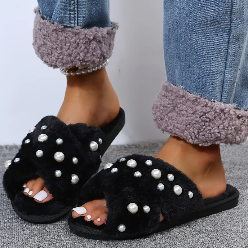 Hot Sales New Arrival Western Autumn Winter Candy Color Flat Furry Cross Pearl Indoor Plush Slippers