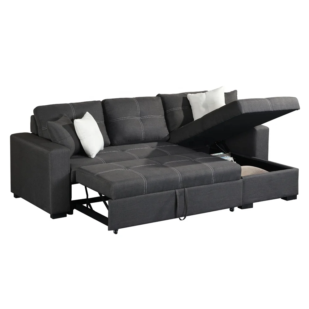 
Hidden storage reversible chaise living room convertible L shaped corner sofa with pull out bed 