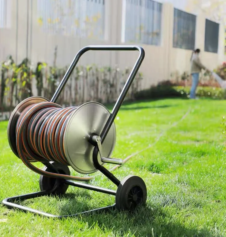 100m Large Size Capacity Stainless Steel Garden Hose Reel Cart Hose Pipe Holder Storage Carrier
