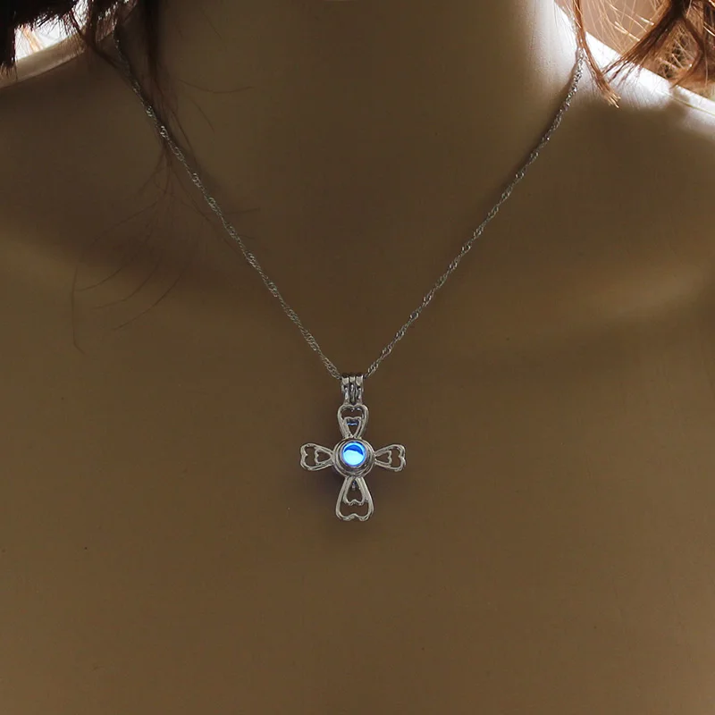 Glow In The Dark Double Hollow Love Heart Cross Cage Locket  Pendant Necklace For Women Men