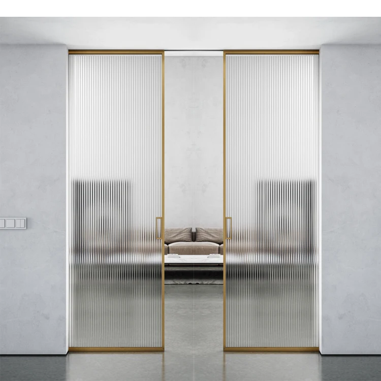 Interior Cavity Pocket Door Hardware 2 Panel Black Aluminum Sliding Door Soft Closing No Bottom Track Fluted Glass Door Indoor