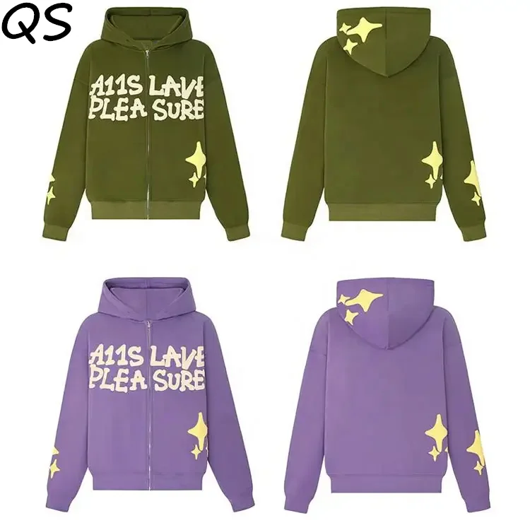 Custom logo cotton heavy oversized mens 3D puff printing hoodies vintage acid washed foam print  full zip up hoodie unisex