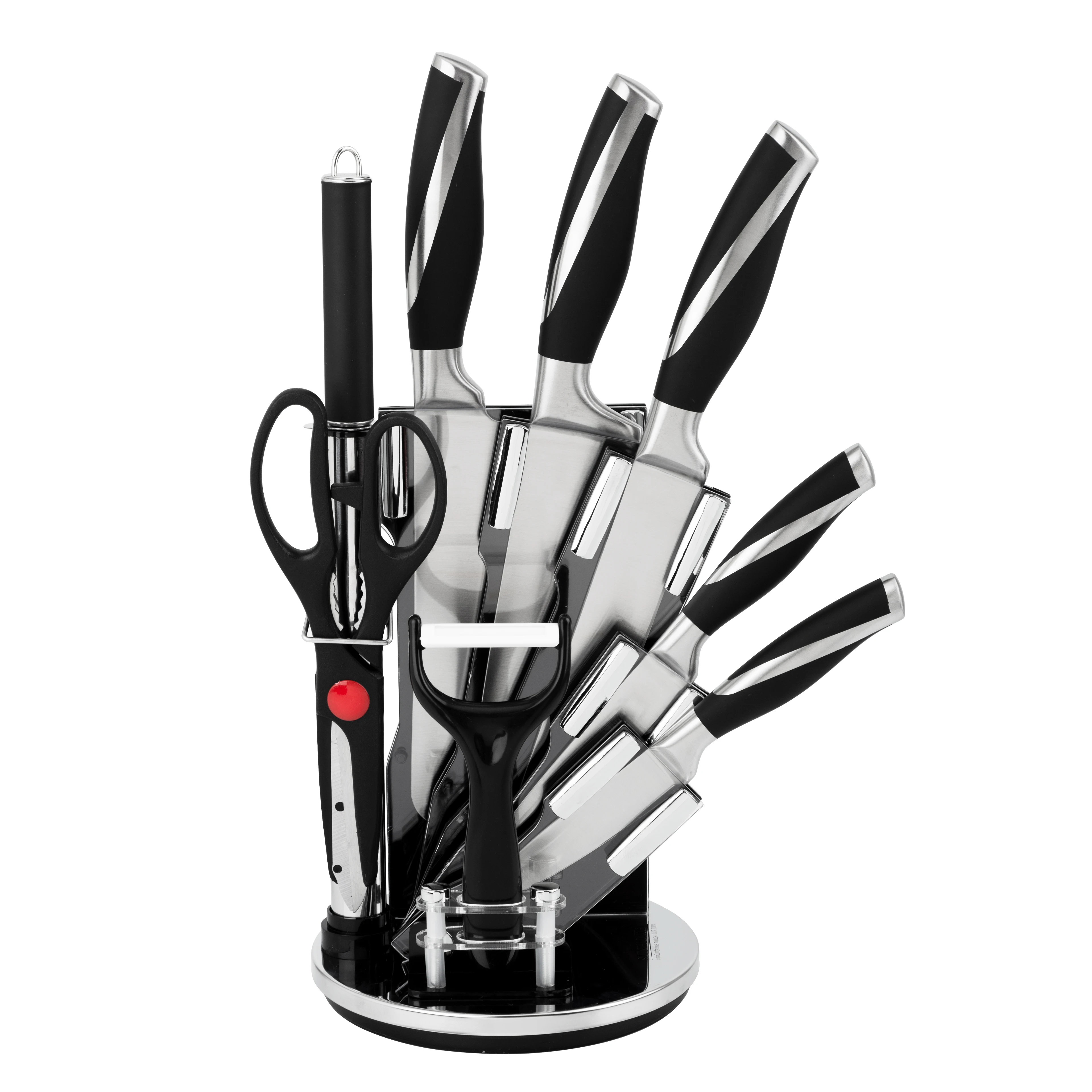 9 Piece High Quality Carbon Stainless Steel Kitchen Knife Set with Sharpener Acrylic Knife Block New Design