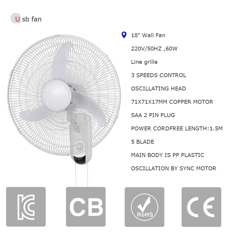 3 Blade copper motor workshop home office plastic 18 inch wall mounted electric oscillating modern fan