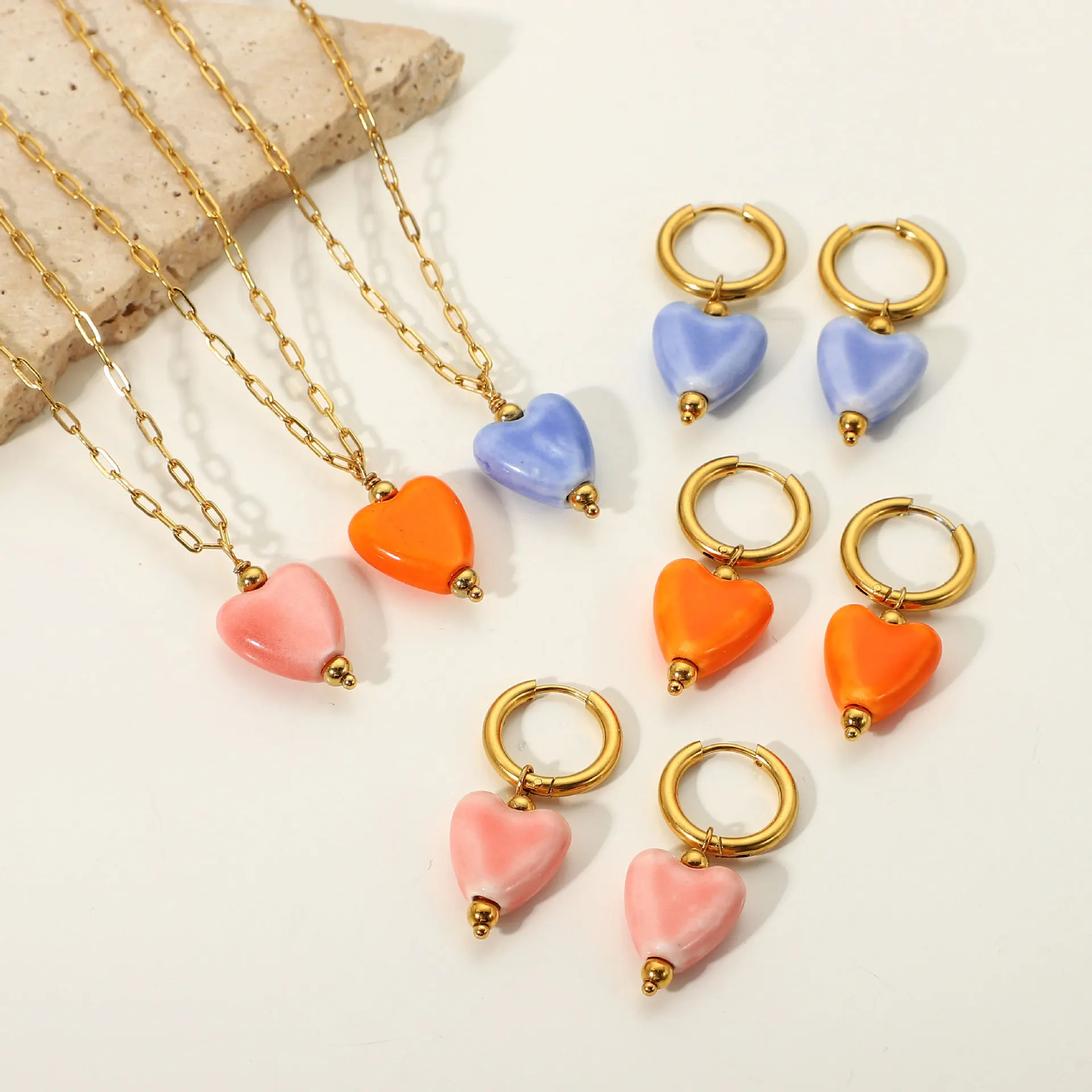Fashion Heart Pendant Necklace Cross Chain 18K Gold Stainless Steel Earrings Ceramic Heart Earrings For Women