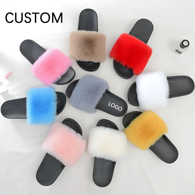 Wholesale Rabbit Faux Fur Winter Slippers Indoor Home Womens Slides Plush Slipper Custom Print Logo