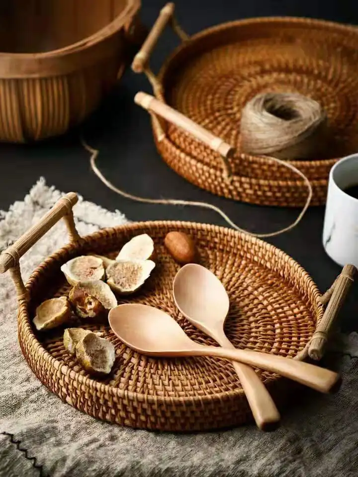 Eco-Friendly Round Shape Woven Rattan Bread Tray Basket With Handles