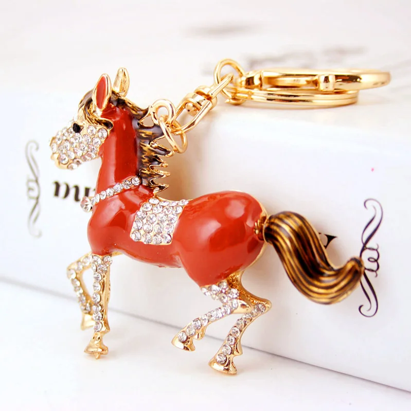 Bling zodiac horse keychain enamel red horse Metal Key chain Rhinestone keyring diamond lucky pendant crystal horseshoe keychain