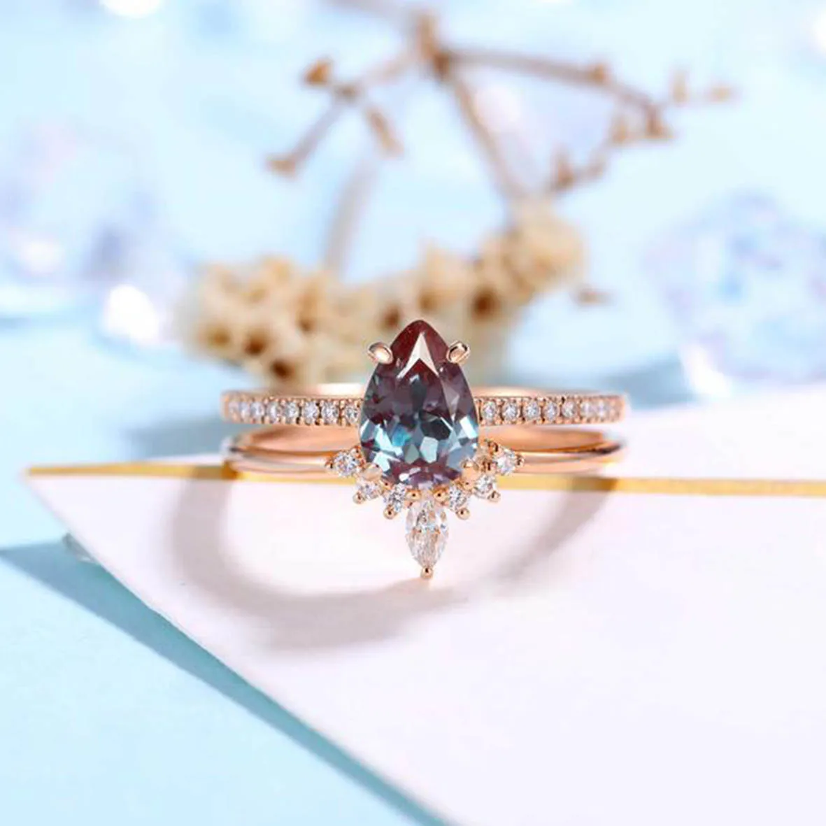 Wholesale Cubic Zircon CZ Jewelry 925 Sterling Silver Wedding Bands Pear Alexandrite Ring Set