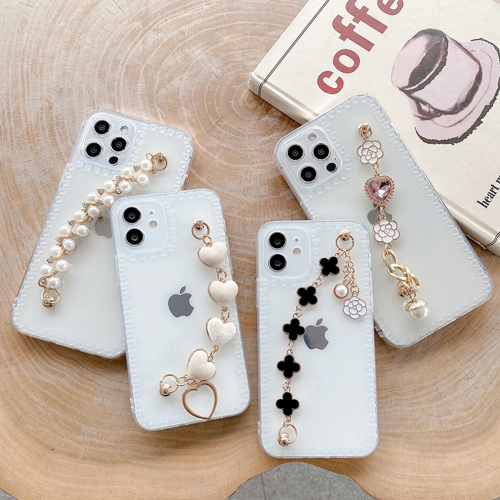 Transparent Pearl Love Chain Wristband Case for IPhone 11 12 Pro Max Mini XR X XS 7 8 Plus 9 Cute Phone Cover Luxury Coque Funda