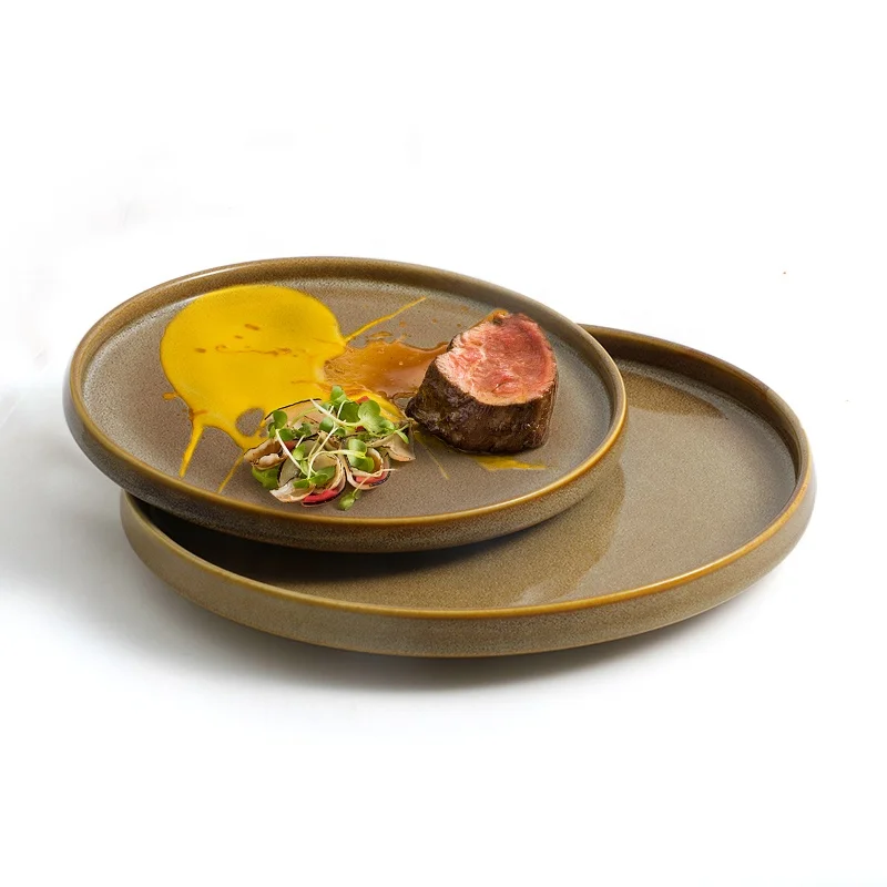 Outstanding Food Presentation Restaurant Glazed Dishes Plates, Restaurant Brown Ceramic Plate/