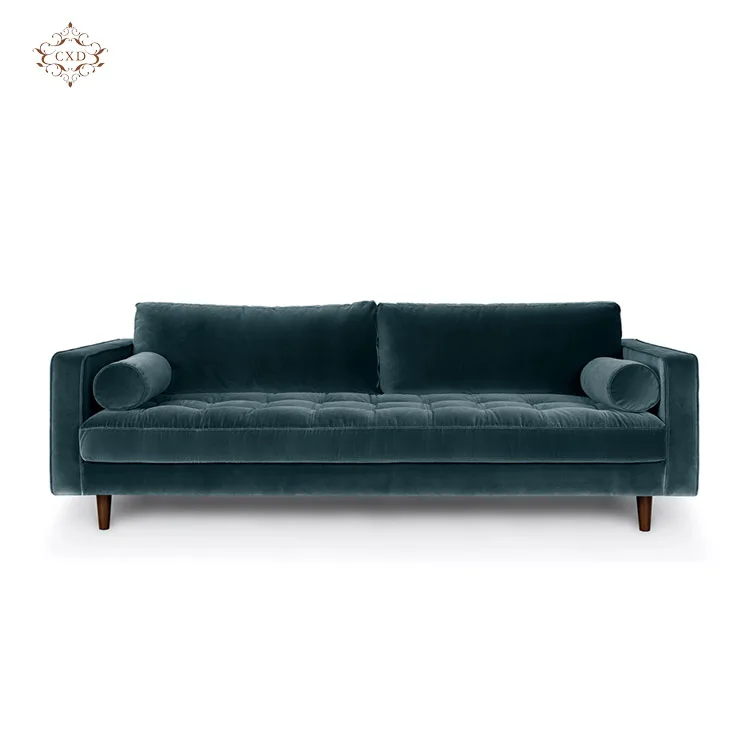 Solid Wood Frame Soft Backrest With Armrests 3 Seats L-Shaped Blue Velvet Living Room Sofa