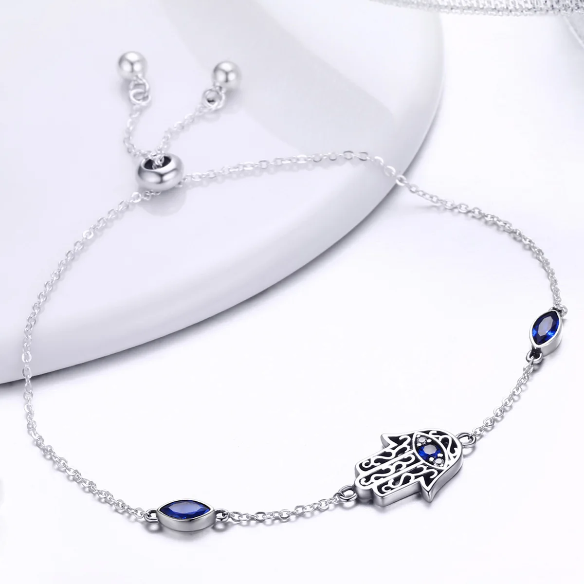 LEICARE Fatima Hamsa Hand Bracelet Blue Eye Jewelry Hamsa Hand Moroccan Bracelet Silver 925 Bracelets for Women Fine Jewelry