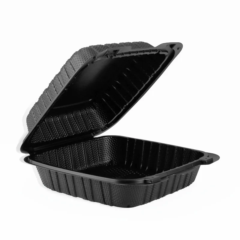 pp801 to go 8 x 8 inch mfpp hinged lid microwave food containers eco-friendly  food packing black color heavy duty clamshell