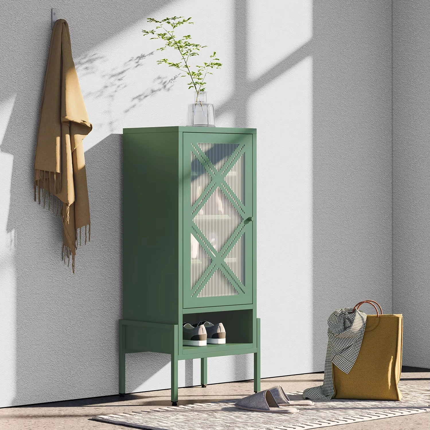 Vintage Steel Shoe Rack  Single Door Metal Shoe Cabinet With High Foot