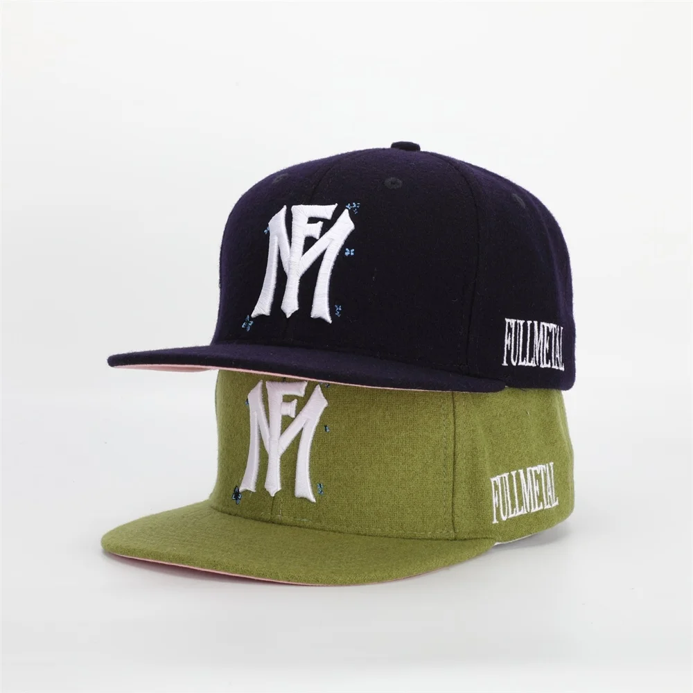 Wholesale Custom Mens High Quality 6 Panel 3D Embroidery Logo Wool Hip Hop Hat,Leather Strap Flat Bill Gorras Snapback Cap