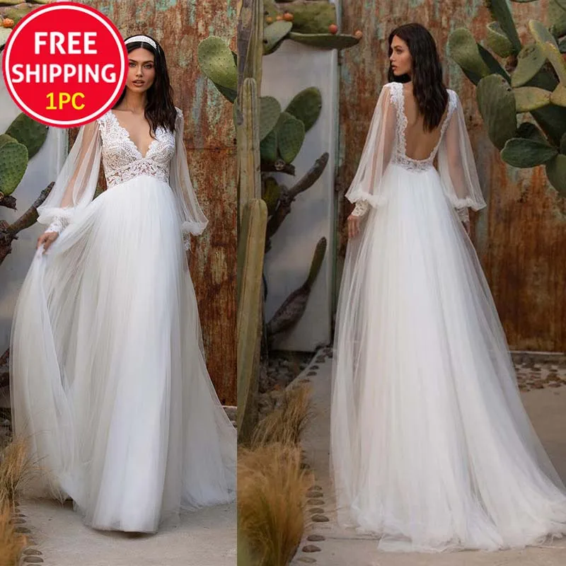 New Mesh Lace V-Neck Bridal Gowns Wedding Dress Sexy Back Sleeve Women Wedding Dress
