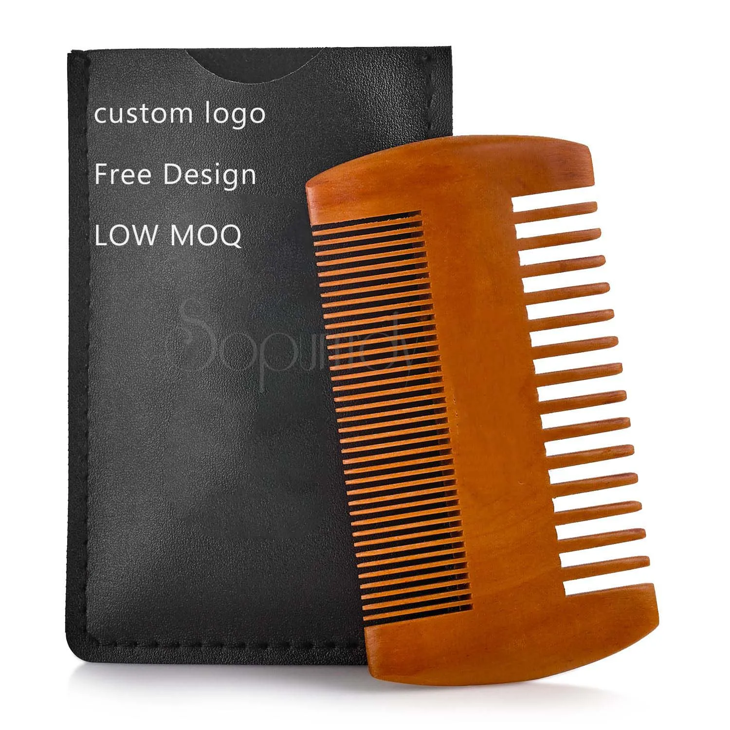 Custom Logo Wooden Beard Comb Mustache And Head Hair Pocket Combs With Leather Case For Men Hair Bread Mustache