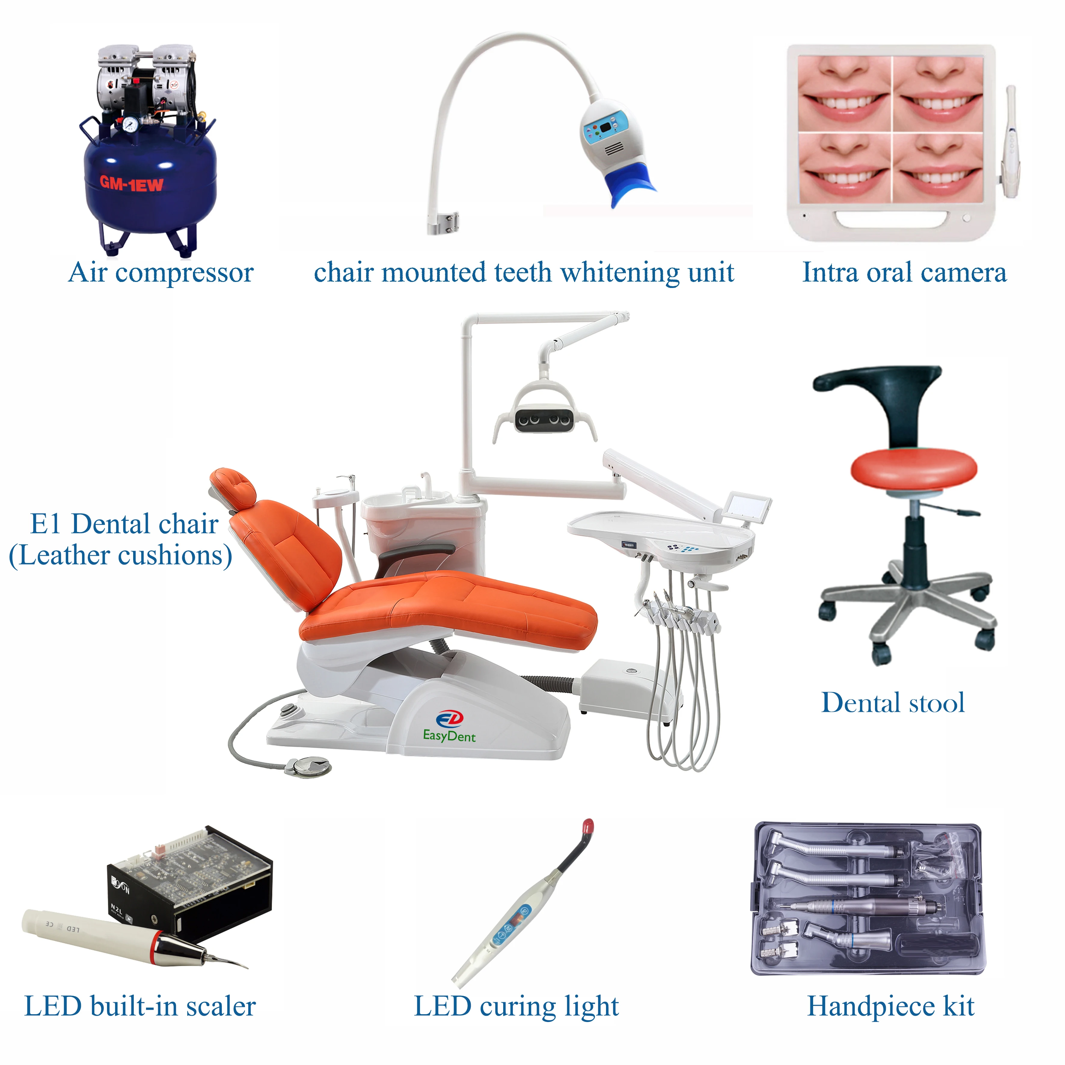 Complete Set Economic Dental Unit Chair with Dentist Stool Scaler Curing Light Handpiece Air Compressor Camera Wooden Case Ce E3