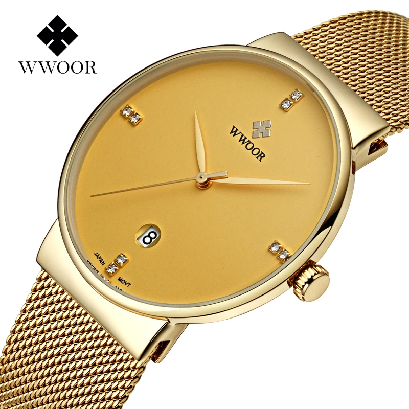 WWOOR 8018 Original Golden Plate Japan Movement Quartz Stainless Steel Back Luxury Wrist Watches Men